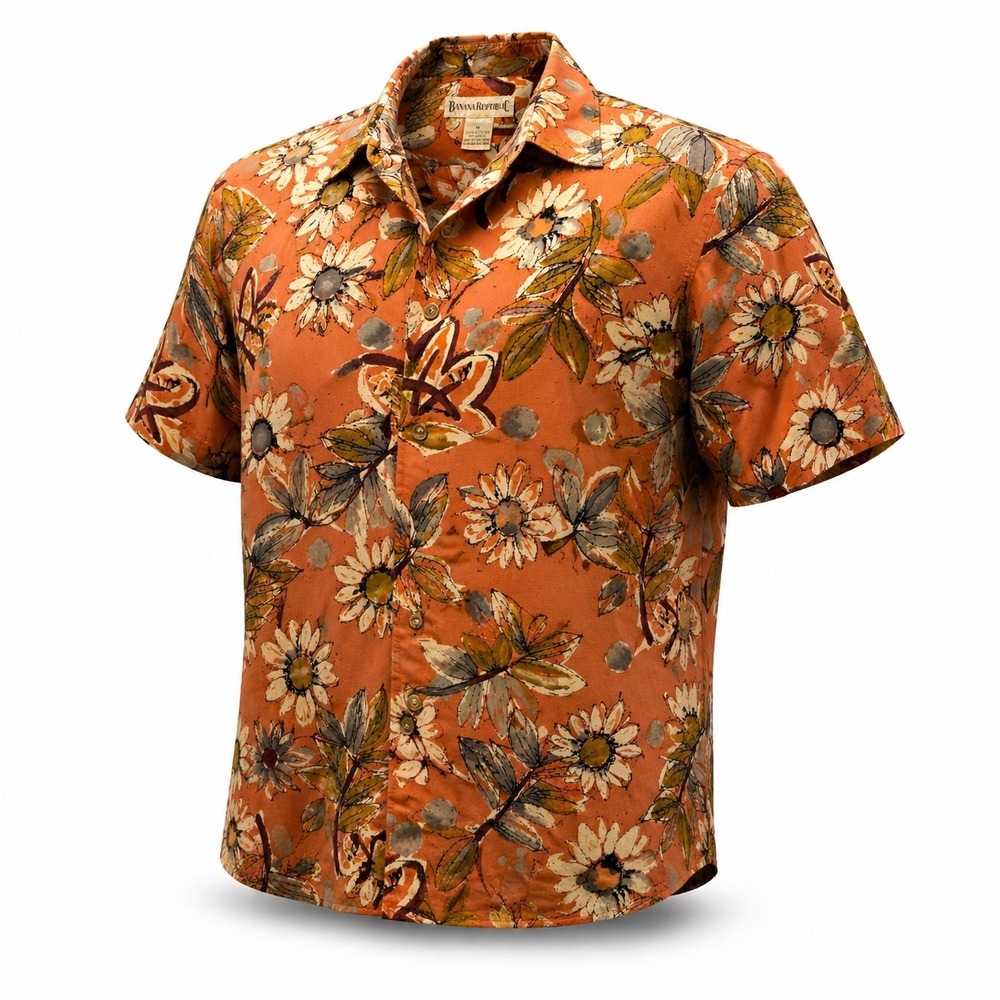 Vtg Banana Republic Hawaiian Shirt Mens M Orange Cotton Floral Daisy Aloha Retro